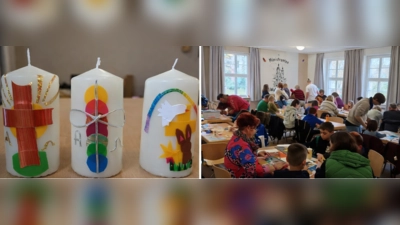Kinder gestalten mit Müttern, Vätern, Oma und Opa schöne Osterkerzen (Bild: Monika Mittereder)