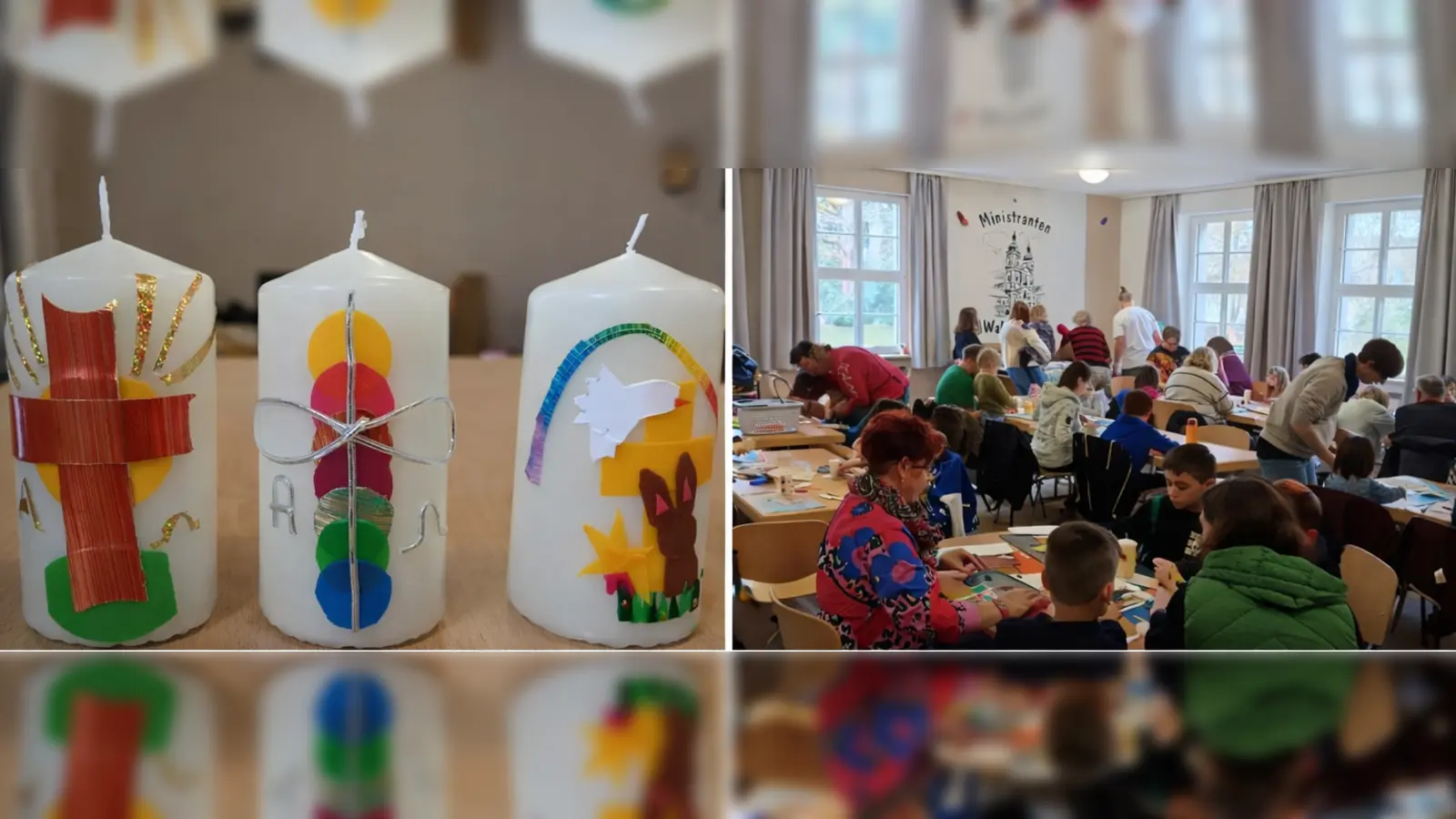 Kinder gestalten mit Müttern, Vätern, Oma und Opa schöne Osterkerzen (Bild: Monika Mittereder)
