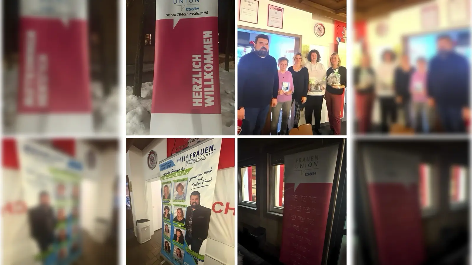 Die Bilder zeigen den einladenden Empfang mit „Herzlich willkommen”-Aufsteller sowie Eindrücke aus dem Veranstaltungsraum mit Informationsbannern der Frauen Union und der CSU. Bild 2: Bei der feierlichen Preisübergabe überreicht der Erste Bürgermeister Stefan Frank die Auszeichnung an die Erstplatzierten. Von links: Erster Bürgermeister Stefan Frank, Siegerin Ulrike Janke, Eva Fröhlich (Vorsitzende FU Sulzbach-Rosenberg), Gaby Graml und Heike Graf. (Bild: Katharina Waitz)