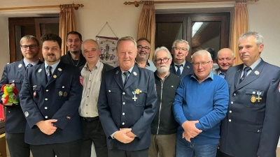 Die geehrten Vereinsmitglieder der FF Hiltersdorf (von links): 2. Vorsitzender Christoph Wittmann, 1. Kommandant Christian Schwarz, Tobias Heldmann, Josef Graf, Alfons Schmidl, Willi Schmidl, Peter Groß, Gerhard Heldmann, Johann Zilbauer, 2. Bürgermeister Franz Weiß und Ehrenvorsitzender Franz Schmidl (Bild: Beate Haller)