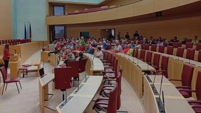 MdL Nicole Bäumer (SPD) am Rednerpult des Bayerischen Landtags mit ihrer Besuchergruppe, darunter auch Gäste aus Mantel. (Bild: Ulrich Kreß)