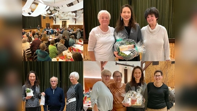 Oben links: Saal des Gasthaus-Hotels Weißes Ross mit allen Gästen der Weihnachtsfeier.<br>Direkt darunter: Geschenkübergabe der Orthopädiegruppen. Von rechts: Iris Heinrich, in der Mitte Helmut Jobst, daneben Monika Tippmann. Oben rechts: Geschenübergabe der Herzsportgruppen. Links Margit Bäche, Iris Heinrich und Elvira Seuß. Unten rechts: Mitglieder der Gruppe Innere Medizin/Lungensport. Von links nach rechts: Gerlinde Nöth, Isolde Nürnbauer, Iris Heinrich und Jessica Weigl. (Bild: Roland Heinrich)