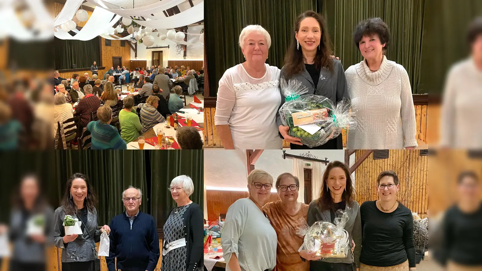 Oben links: Saal des Gasthaus-Hotels Weißes Ross mit allen Gästen der Weihnachtsfeier.<br>Direkt darunter: Geschenkübergabe der Orthopädiegruppen. Von rechts: Iris Heinrich, in der Mitte Helmut Jobst, daneben Monika Tippmann. Oben rechts: Geschenübergabe der Herzsportgruppen. Links Margit Bäche, Iris Heinrich und Elvira Seuß. Unten rechts: Mitglieder der Gruppe Innere Medizin/Lungensport. Von links nach rechts: Gerlinde Nöth, Isolde Nürnbauer, Iris Heinrich und Jessica Weigl. (Bild: Roland Heinrich)