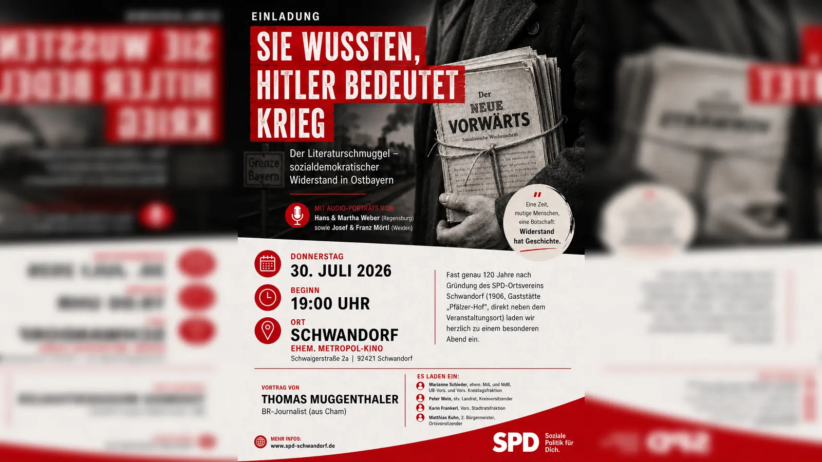 Hinweis auf den Vortrag „Sie wussten, Hitler bedeutet Krieg – Der Literaturschmuggel – sozialdemokratischer Widerstand in Ostbayern“ am 30. Juli im ehemaligen Metropol-Kino in Schwandorf. (Bild: exb)