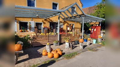 Herbstliche Dekoration vor dem Hofladen der Kürbisfarm Schnell (Bild: Elisabeth Zimmermann)
