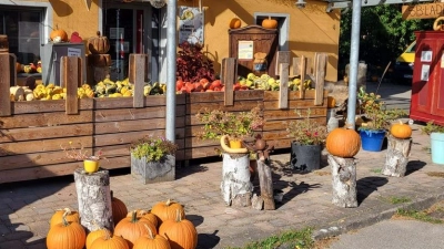 Herbstliche Dekoration vor dem Hofladen der Kürbisfarm Schnell (Bild: Elisabeth Zimmermann)