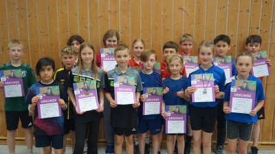 Teilnehmer des Bezirksentscheids der mini-Meisterschaften Oberpfalz-Nord mit Patrick Pluta (ganz links)  (Bild: Henry Seifert )