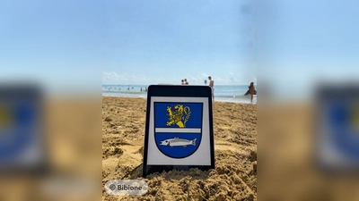 Als Beispiel sandte Jugendbeauftragte Eva-Maria Procher ein Bild aus Bibione vom Strand mit dem Eslarner Wappen.  (Bild: Eva-Maria Procher)