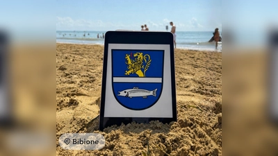 Als Beispiel sandte Jugendbeauftragte Eva-Maria Procher ein Bild aus Bibione vom Strand mit dem Eslarner Wappen.  (Bild: Karl Ziegler)