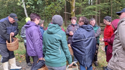 Pilzexperte Stefan Hartwig mit einigen Teilnehmern der Pilzwanderung (Bild: Christina Kastner)
