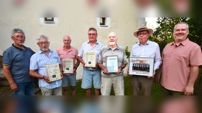 Ehrunen und Verabschiedung beim MGV Illschwang im evangelischen Pfarrgarten (von links): Josef Geitner, Lorenz Geitner, Hubert Englhard, Hermann Weiß, Reinhold Lang, Thomas Schertel und Clemens Lindner (Bild: Norbert Weis)