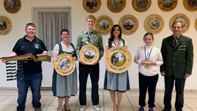 Königsschießen 2025: Leon Gottsauner, Kerstin Koller, Ben Messer, Johanna Manner, Viktoria Fischer, Hermann Lang  (Bild: Joachim Ries)
