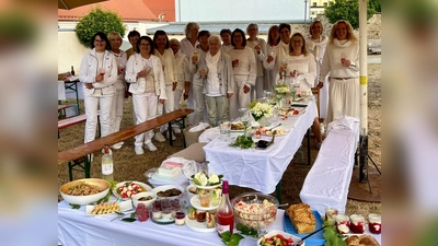 Die Gäste beim Weißen Dinner in Waldsassen stießen in den Neuen Gärten auf einen angenehmen und unbeschwerten Abend an.  (Bild: Maria Wurm)