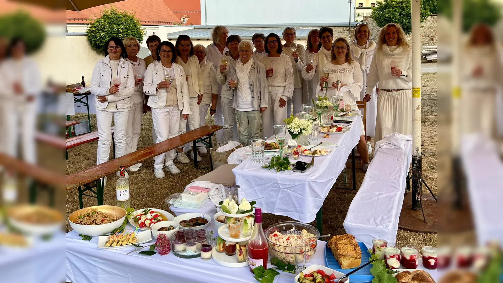 Die Gäste beim Weißen Dinner in Waldsassen stießen in den Neuen Gärten auf einen angenehmen und unbeschwerten Abend an.  (Bild: Maria Wurm)