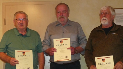 V. li.: Helmut Eckert, Kurt Seidler und Hans Lenuweit erhielten für langjährige Mitgliedschaft Treuenadeln des Verbandes der Reservisten der Deutschen Bundeswehr. (Bild: Walther Hermann)