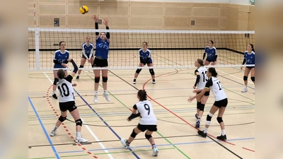 Gruppenspiel des Elly-Heuss-Gymnasiums Weiden in blau gegen das Stiftland-Gymnasium Tirschenreuth in weiß beim U18-Volleyball-Regionalentscheid der Schulen 2026 in Tirschenreuth. (Bild: Martin Putzlocher)