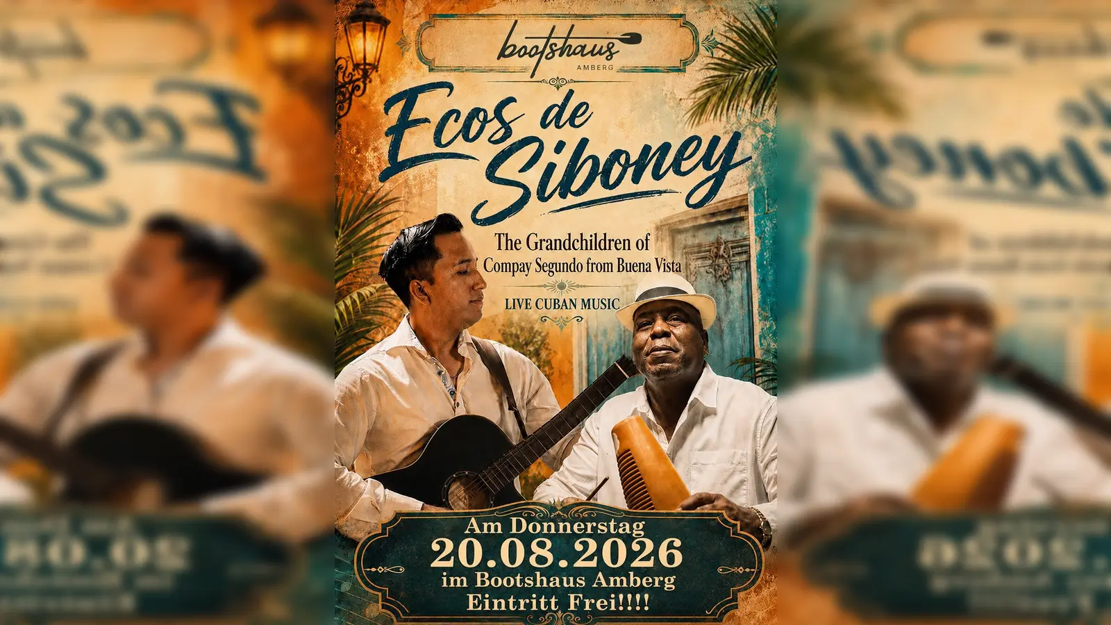 Ankündigungsbild für den Abend „Musik am Fluss“ mit kubanischen Klängen im Bootshaus Amberg. (Bild: exb)