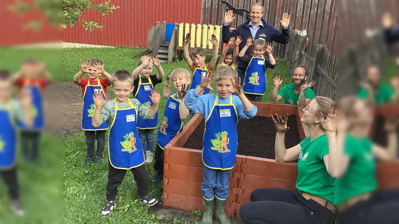 Die Vorschulkinder mit Pate Patrick Schraml und Luana und Micha vom Edeka-Team (Bild: Andrea König)