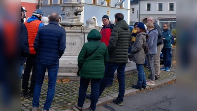 Teilnehmer der Exkursion STEINE IN DER STADT am Kriegerdenkmal (Bild: Werner Reger)