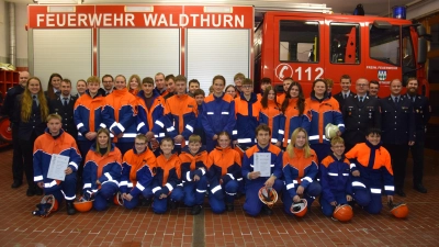 Alle Teilnehmer auf einen Blick. Kreisbrandmeister Matthias Schmidt (4.v.re) gratulierte als Erster zum bestandenen Wissenstest. (Bild: Tanja Pflaum)