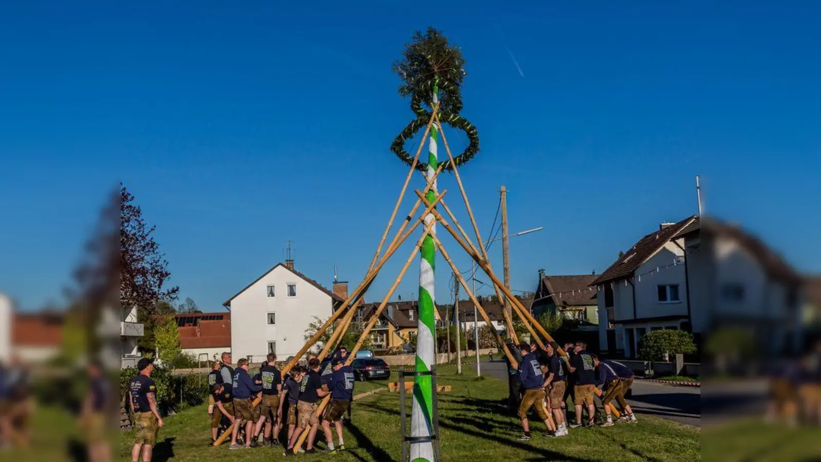 Aufstellen des Maibaumes mit „Schwalben” durch die Burschen. (Bild: Thomas Betz)