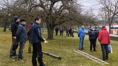 Torsten Hergenröther (3.v.r.) und Bernhard Dommer (im Hintergrund) gaben ihr Wissen rund um das richtige Schneiden von Obstbäumen an die Teilnehmer weiter. (Bild: Simon Rosner)