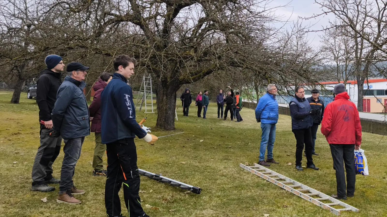 Torsten Hergenröther (3.v.r.) und Bernhard Dommer (im Hintergrund) gaben ihr Wissen rund um das richtige Schneiden von Obstbäumen an die Teilnehmer weiter. (Bild: Simon Rosner)
