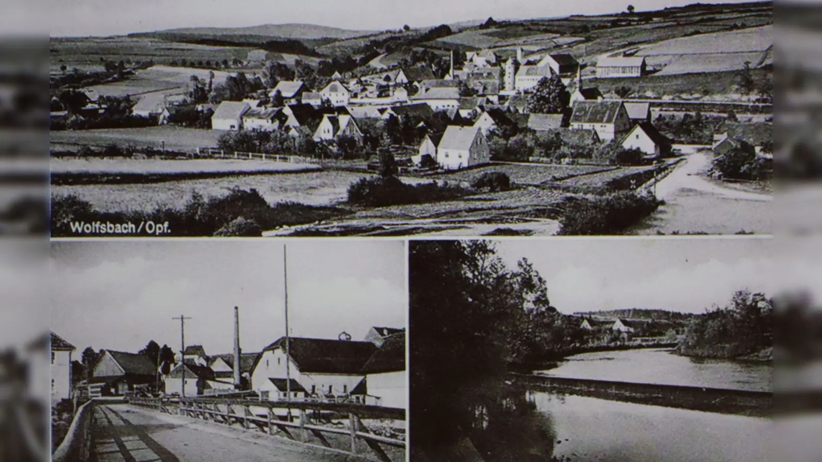 Bilder einer Ansichtskarte von 1960 aus Wolfsbach. Damals fand man im Ort noch eine Mühle, zwei Gasthäuser, ein Sägewerk, ein Gut mit Brennerei sowie eine Gemischtwarenhandlung und ein Schulhaus. (Repro: Michael Rabenhofer )